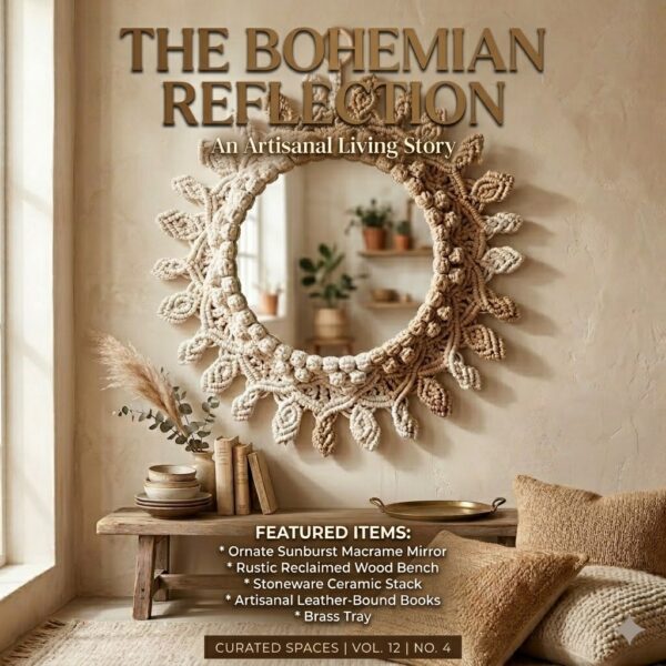 bohemian macrame wall mirror 10 & 12 Inch in beige and off white with intricate handmade design styled in modern living room