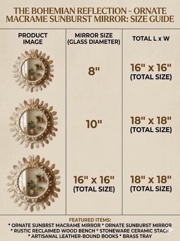 bohemian macrame wall mirror in beige and off white with intricate handmade design styled in modern living room