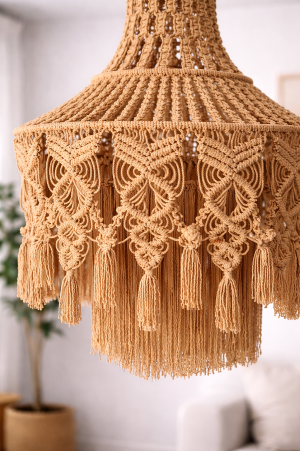 handmade macrame ceiling light beige color