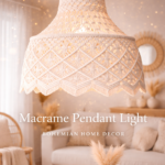 Macrame boho hanging lamp in white and beige color for boho home décor