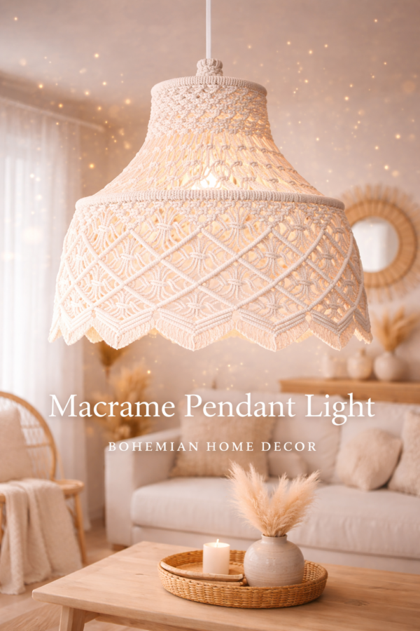Macrame boho hanging lamp in white and beige color for boho home décor