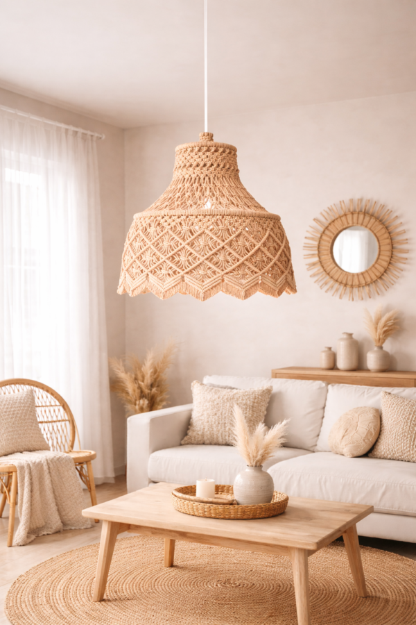 Boho hanging lamp in white and beige color for boho home décor
