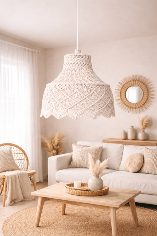 Boho hanging lamp in white and beige color for boho home décor