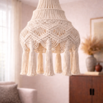 handmade macrame boho hanging lamp in white color hanging in boho living room