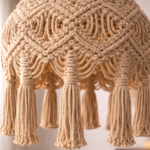 handmade macrame boho hanging lamp in beige color hanging in boho living room