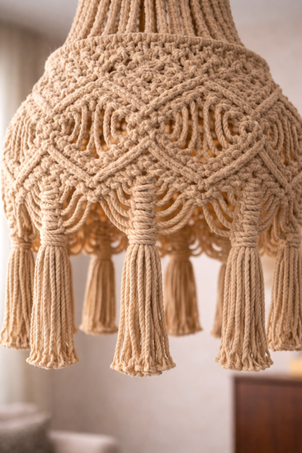 handmade macrame boho hanging lamp in beige color hanging in boho living room