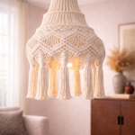 handmade macrame boho hangin lamp g in white color hanging in boho living room