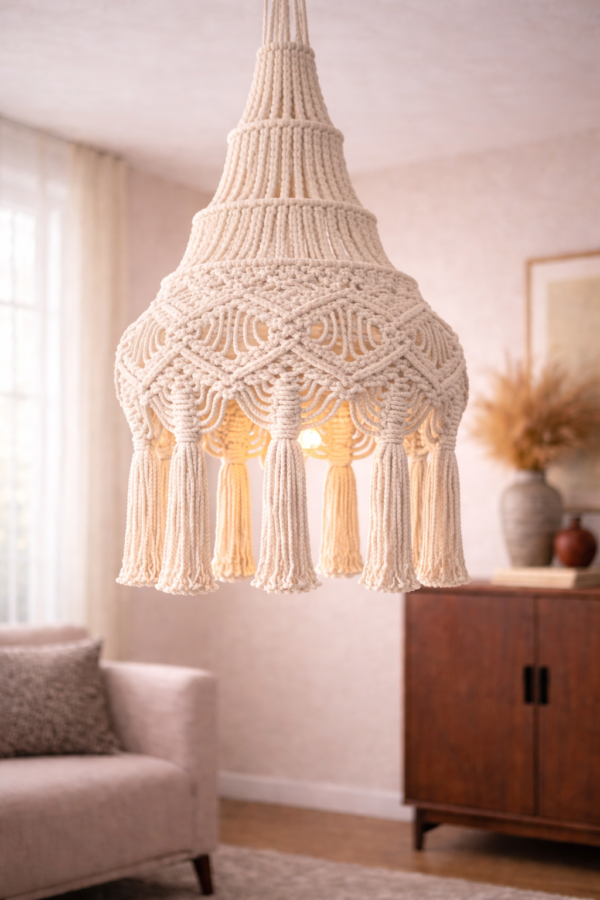 handmade macrame boho hangin lamp g in white color hanging in boho living room