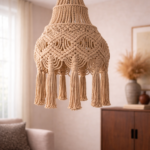 handmade macrame boho hanging lamp in beige color hanging in boho living room