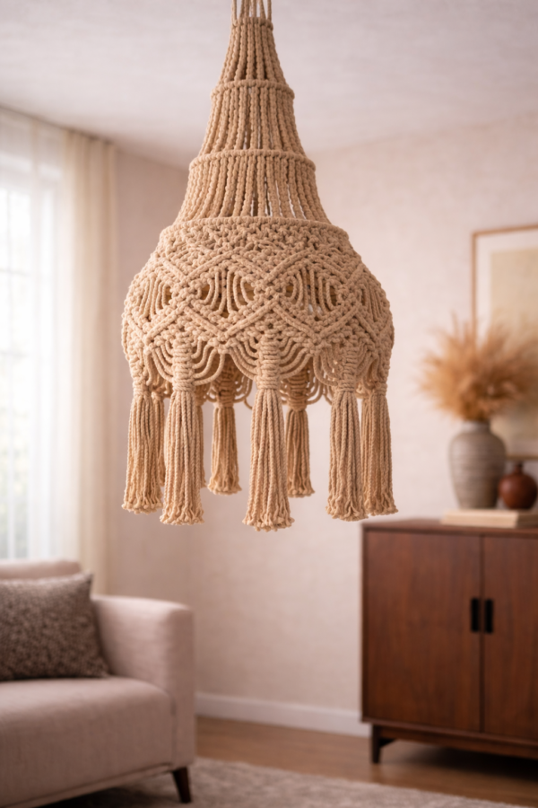 handmade macrame boho hanging lamp in beige color hanging in boho living room