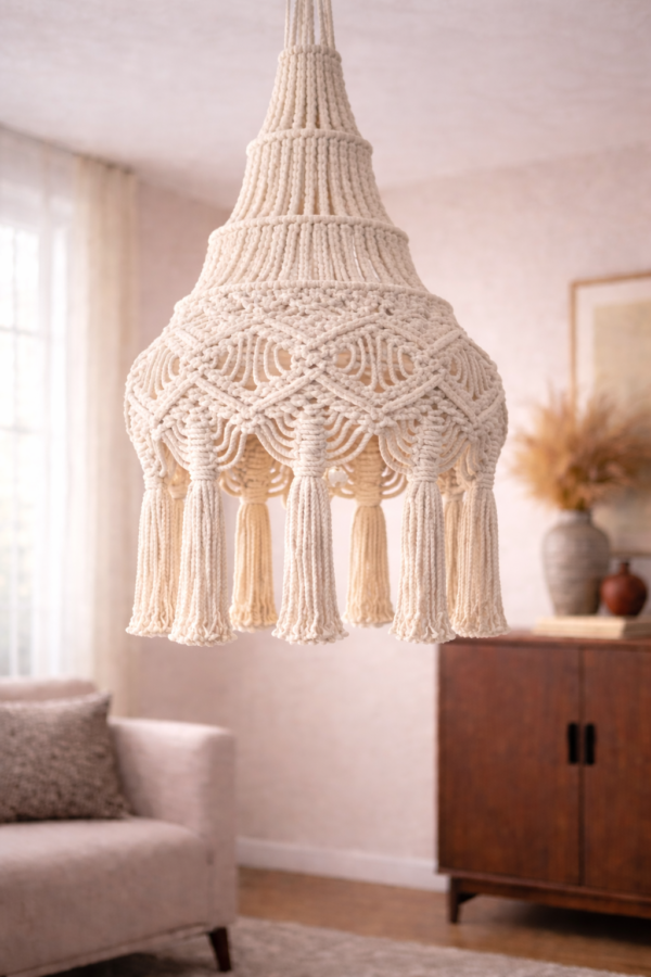 handmade macrame boho hanging lamp in white color hanging in boho living room
