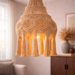 handmade macrame boho hanging lamp in beige color hanging in boho living room