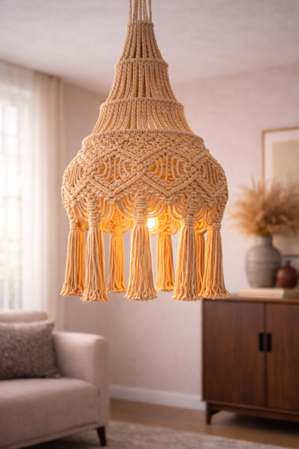 handmade macrame boho hanging lamp in beige color hanging in boho living room