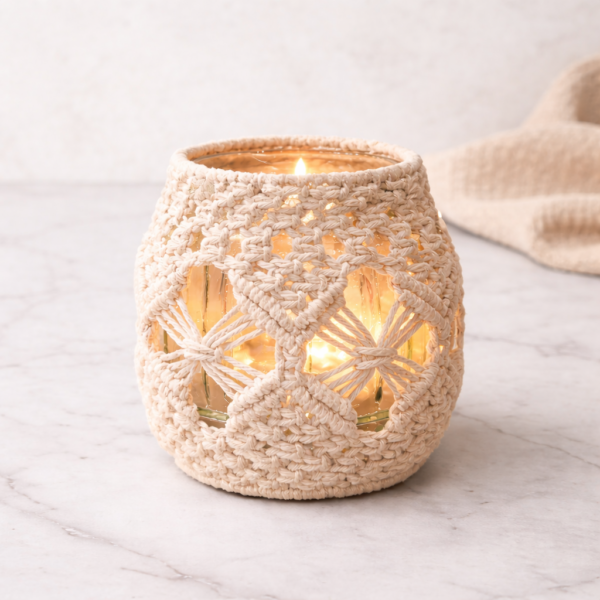 handmade elegant macrame candle holder jar in off white and beige color