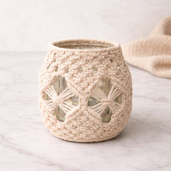 handmade elegant macrame candle holder jar in off white and beige color