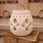 handmade elegant macrame candle holder jar in off white and beige color