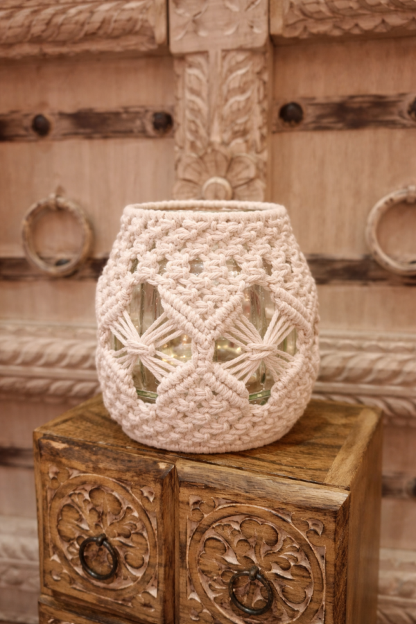 handmade elegant macrame candle holder jar in off white and beige color