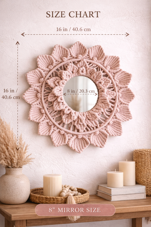 pink macrame mirror handmade boho decor"