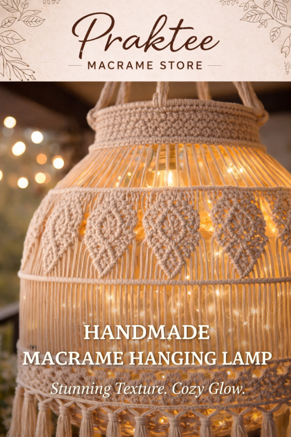 Boho macrame pendant light in white beige and light blue for home decor