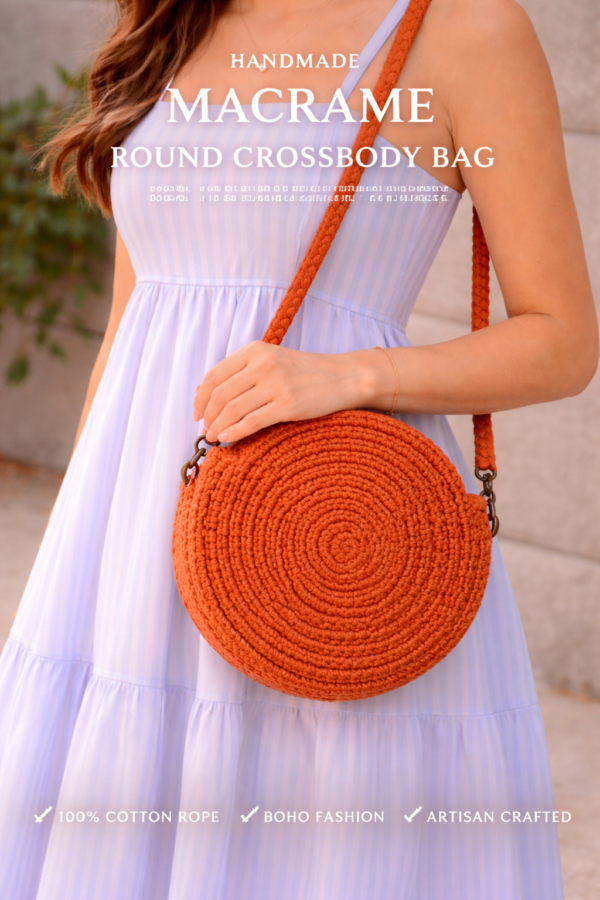 Handmade rust macrame round crossbody bag with spiral design and cotton rope strap on beige background