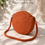Side view of rust macrame crossbody bag highlighting 3 inch width and structured round shape