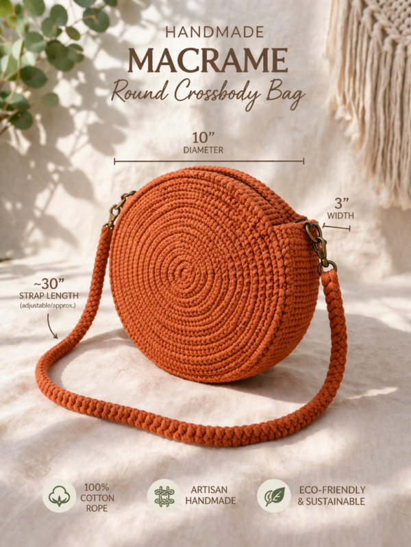 Side view of rust macrame crossbody bag highlighting 3 inch width and structured round shape