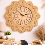 Handmade boho macrame wall clock 8 inch in beige off white charcoal and sand color decor