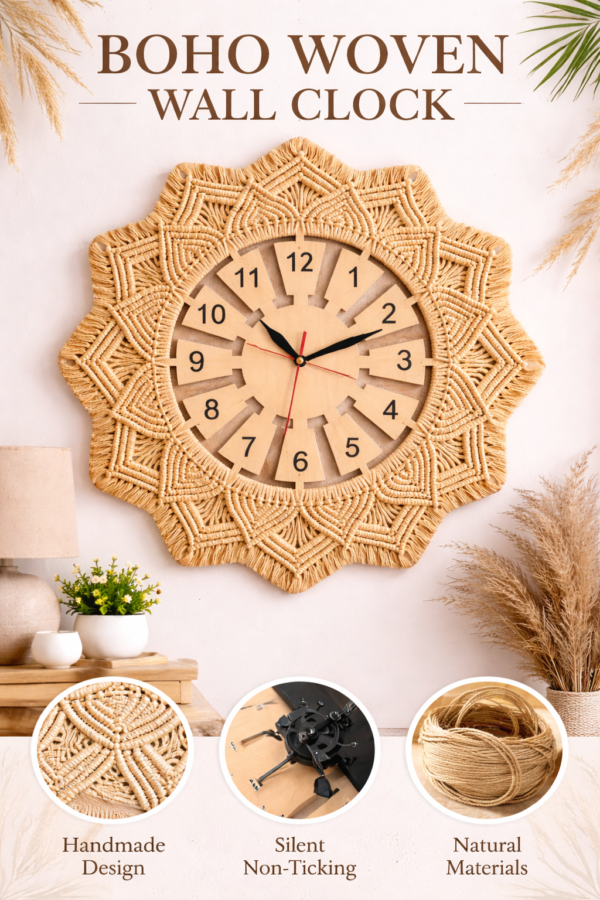 Handmade boho macrame wall clock 8 inch in beige off white charcoal and sand color decor