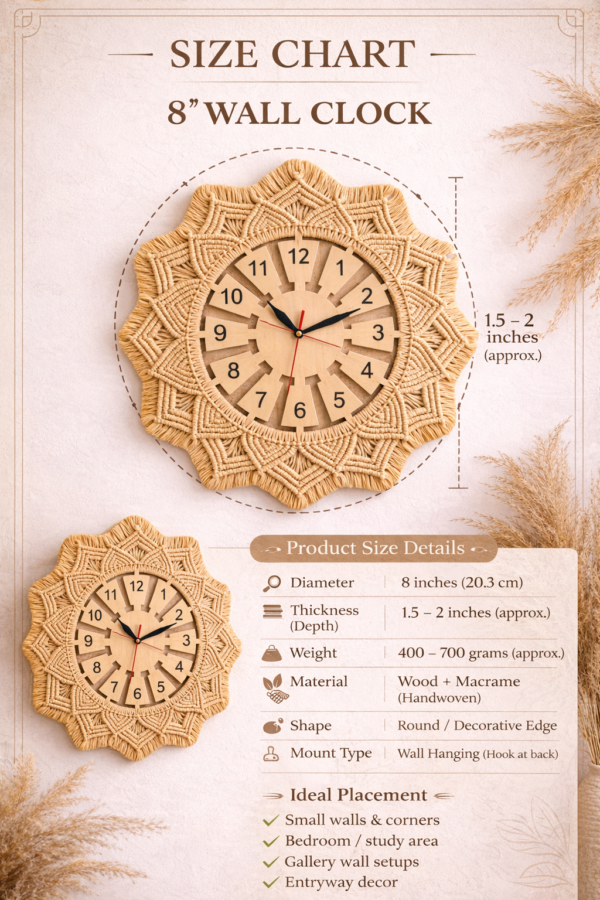 Handmade boho macrame wall clock 8 inch in beige off white charcoal and sand color decor