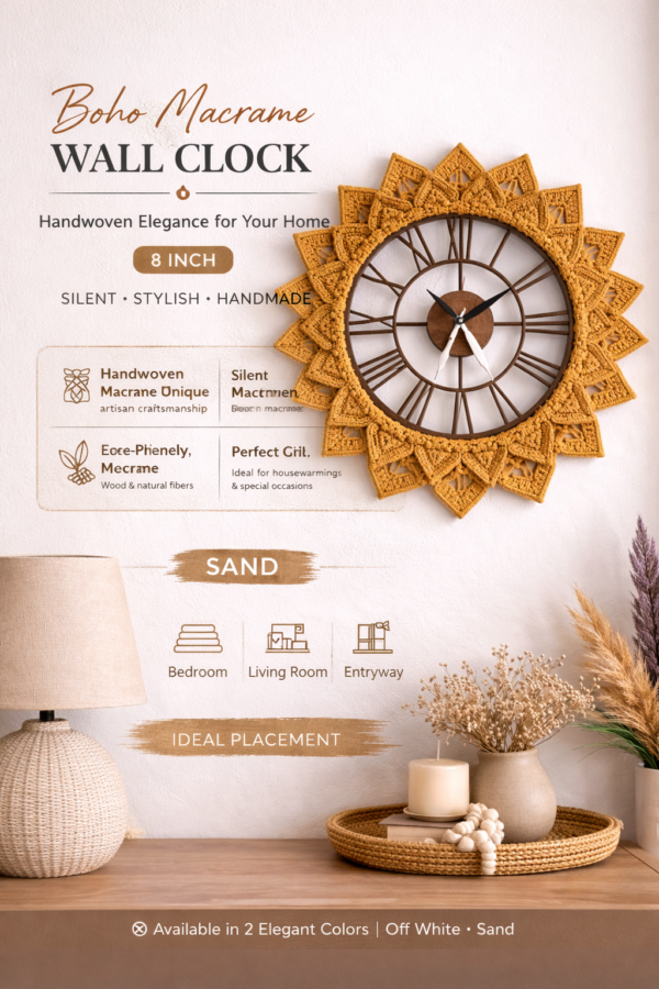 beautiful boho wall clock in off white and sand color home deco