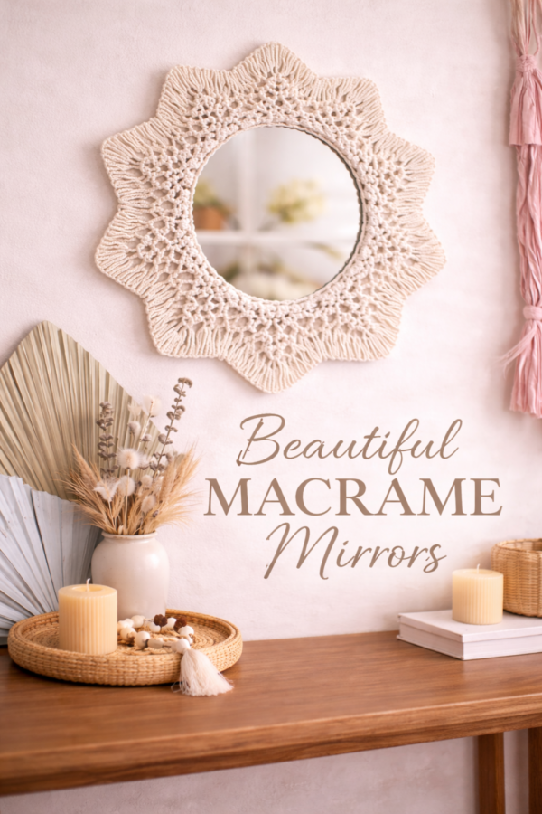 handmade macrame mirror white boho decor