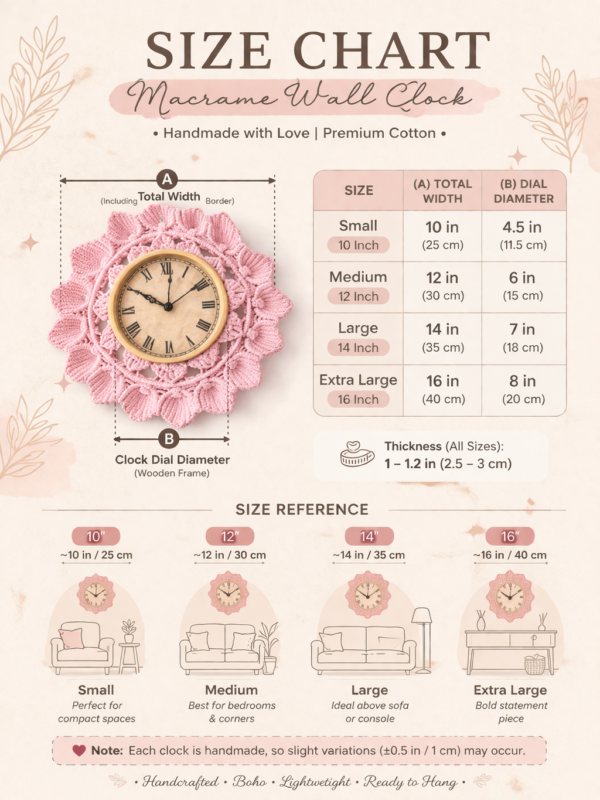 Handmade Pink Beige Macramé Wall Clock 8 Inch