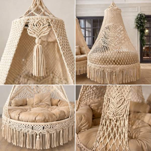 handmade indoor macrame hanging swing with cushion in luxury living room