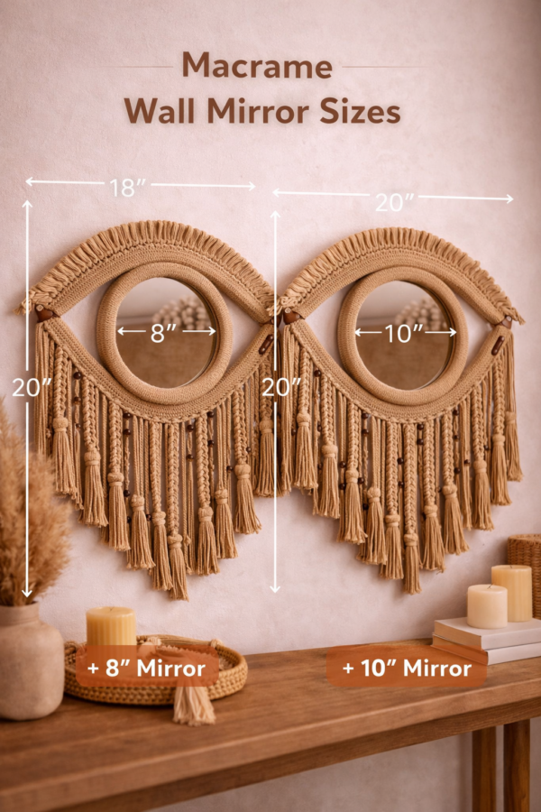 "eye shaped macrame wall mirror handmade boho decor"