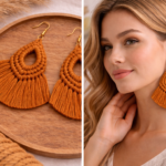 Dark mustard macrame feather earrings