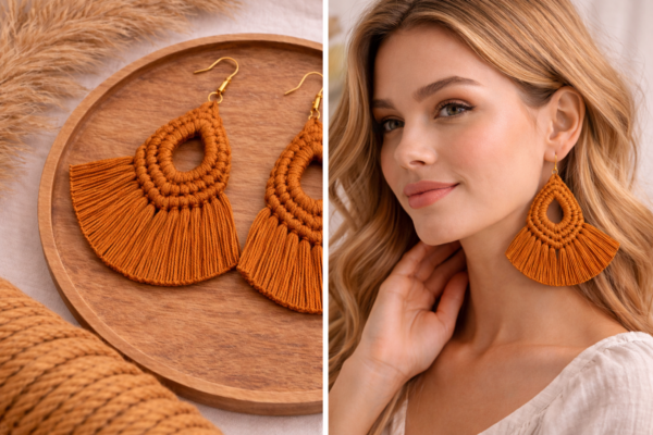 Dark mustard macrame feather earrings