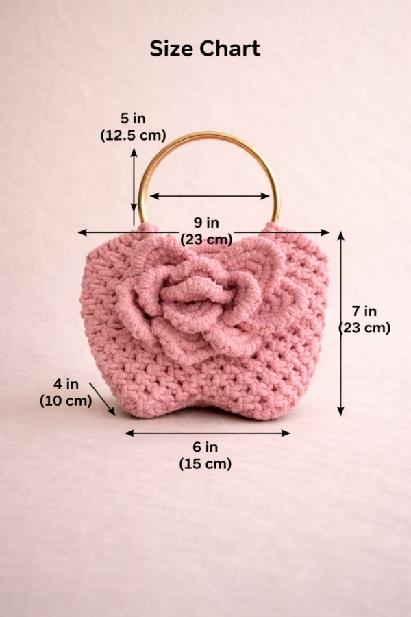 Handmade macrame rose handbag with floral knit design and gold handle, stylish purse for women displayed on wooden table