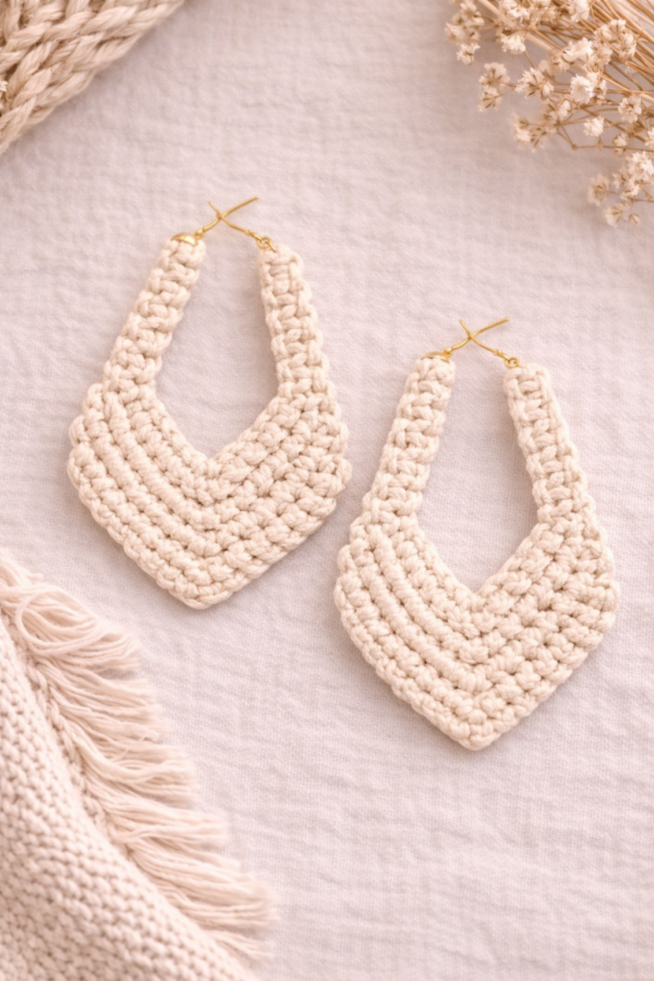 White macrame geometric earrings