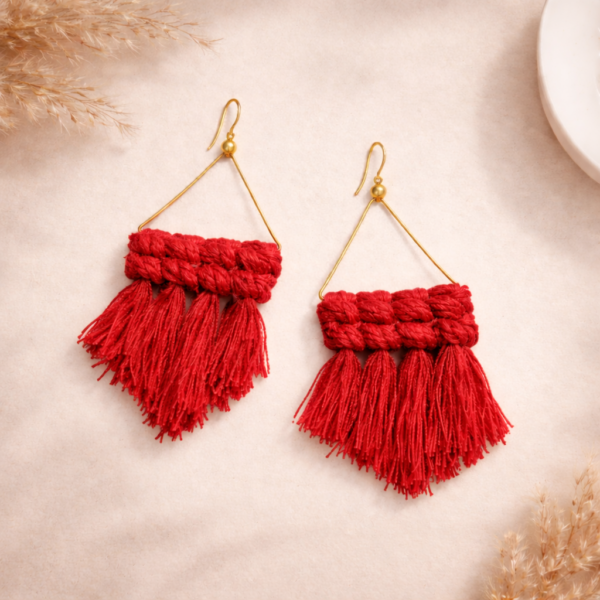 handmade red macrame triangle fringe earrings boho jewellery