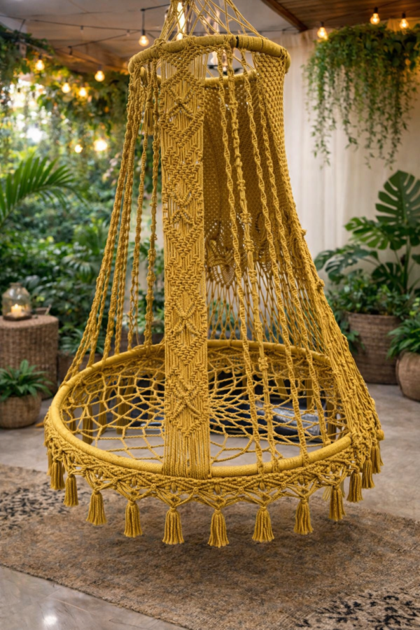Mustard yellow handmade macrame hanging swing chair for indoor living room