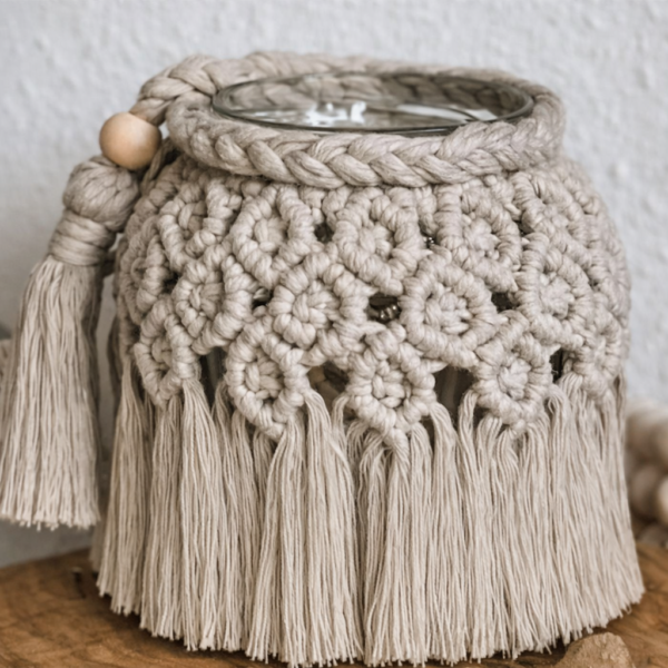 handmade macrame candle holder with tassel