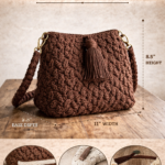 macrame handmade bucket bag with tassel in coffee brown, beige, white and red colors placed on wooden table