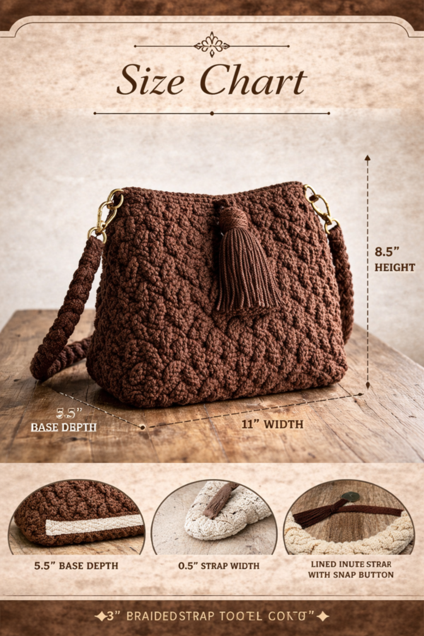 macrame handmade bucket bag with tassel in coffee brown, beige, white and red colors placed on wooden table