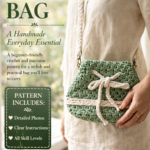 Handmade macrame potli bag in white with drawstring closure styled with casual outfit on wooden table