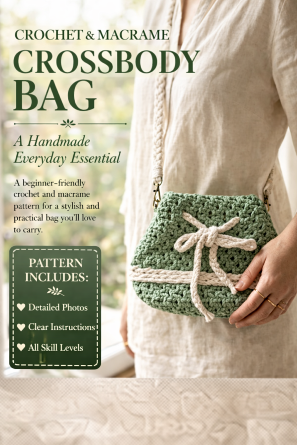 Handmade macrame potli bag in white with drawstring closure styled with casual outfit on wooden table