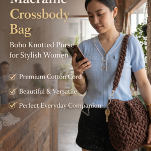 macrame handmade bucket bag with tassel in coffee brown, beige, white and red colors placed on wooden table