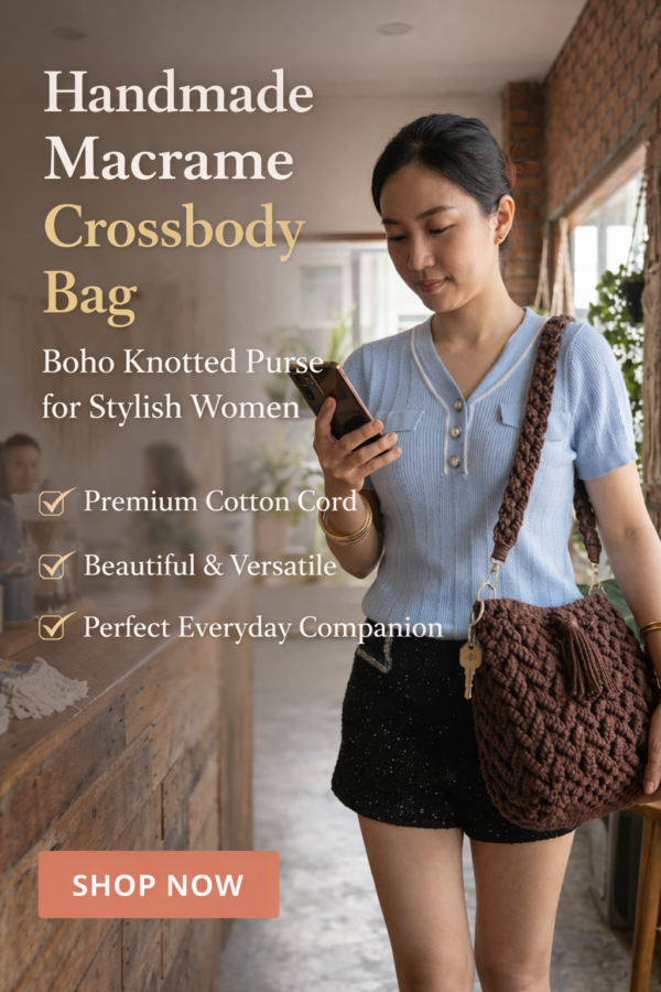 macrame handmade bucket bag with tassel in coffee brown, beige, white and red colors placed on wooden table