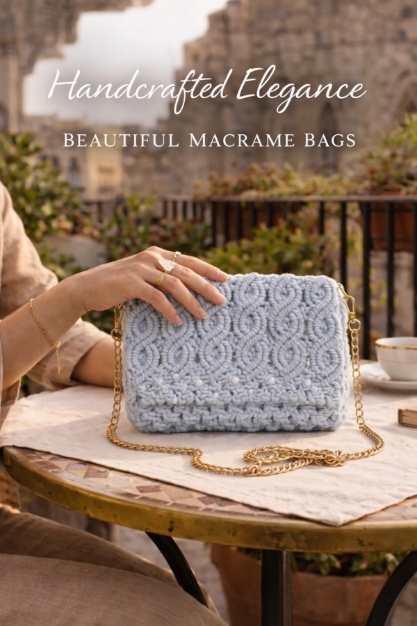 light blue handmade-macrame sling handbag for women