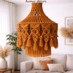 handmade macrame pendant light with warm glow in boho living room