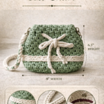 Handmade macrame potli bag in white with drawstring closure styled with casual outfit on wooden table